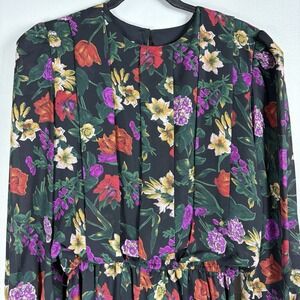 In The Mood Women's 14 Black Floral Pleated Sheer Puff Long‎ Sleeve Dress VTG